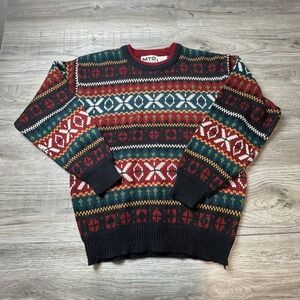 MTO Fair Isle Sweater Mens Large Multi Color Vintage Knit Crewneck‎ Geometric